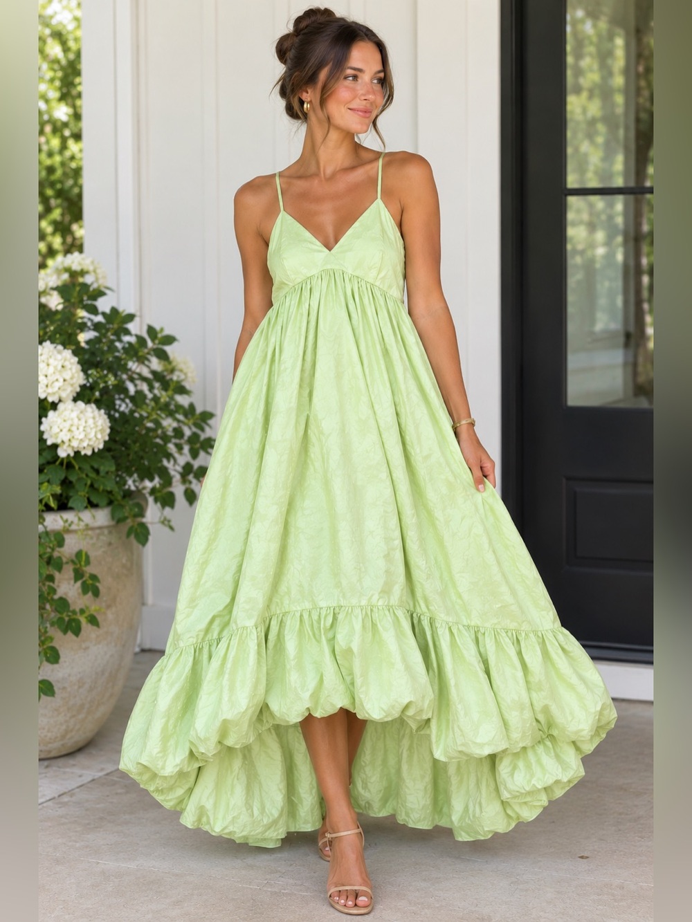 Muy Muy 💚 Lime Green Tiered Sundress with Spaghetti Straps and bubble hem!